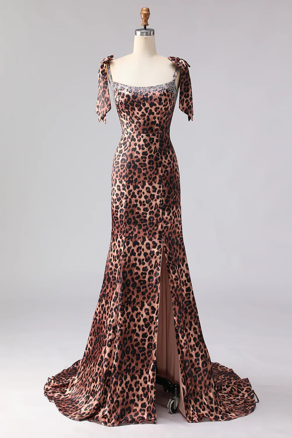 Sparkly Corset Mermaid Sleeveless Leopard Print Floor-Length Plus Size Prom Dress