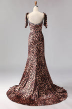 Sparkly Corset Mermaid Sleeveless Leopard Print Floor-Length Plus Size Prom Dress