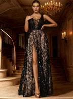 Sparkly Illusion Neck Sleeveless A-Line Slit Floor-Length Evening Dress