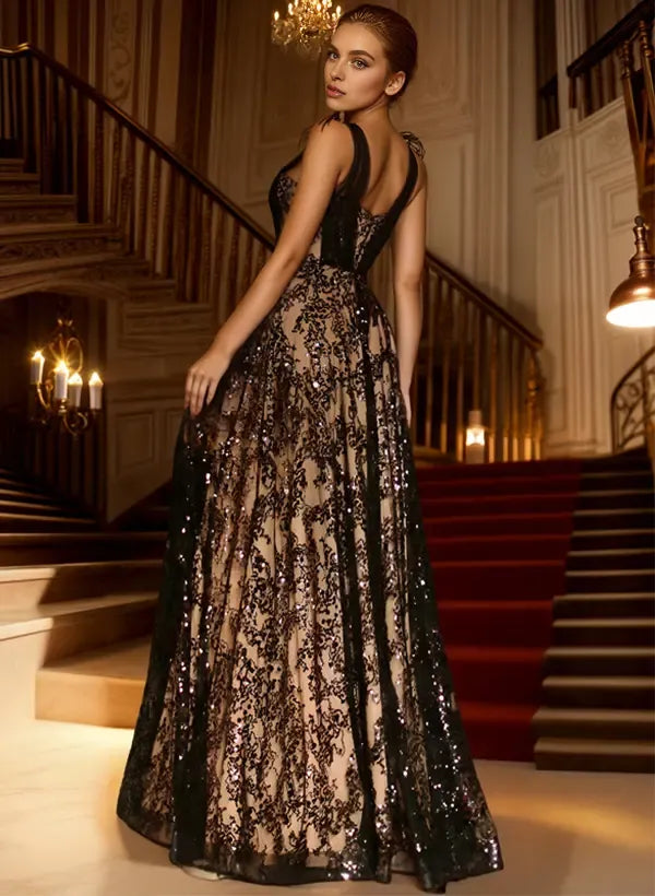 Sparkly Illusion Neck Sleeveless A-Line Slit Floor-Length Evening Dress