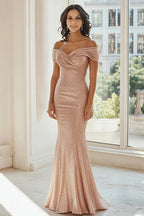 Sparkly Mermaid Off the Shoulder Cap Sleeve Zipper Up Sweep/Brush Train Mother of the Bride Dress