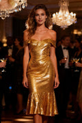 Sparkly Mermaid Off the Shoulder Sleeveless Sequins Ruffled Tea-Length Cocktail Dress