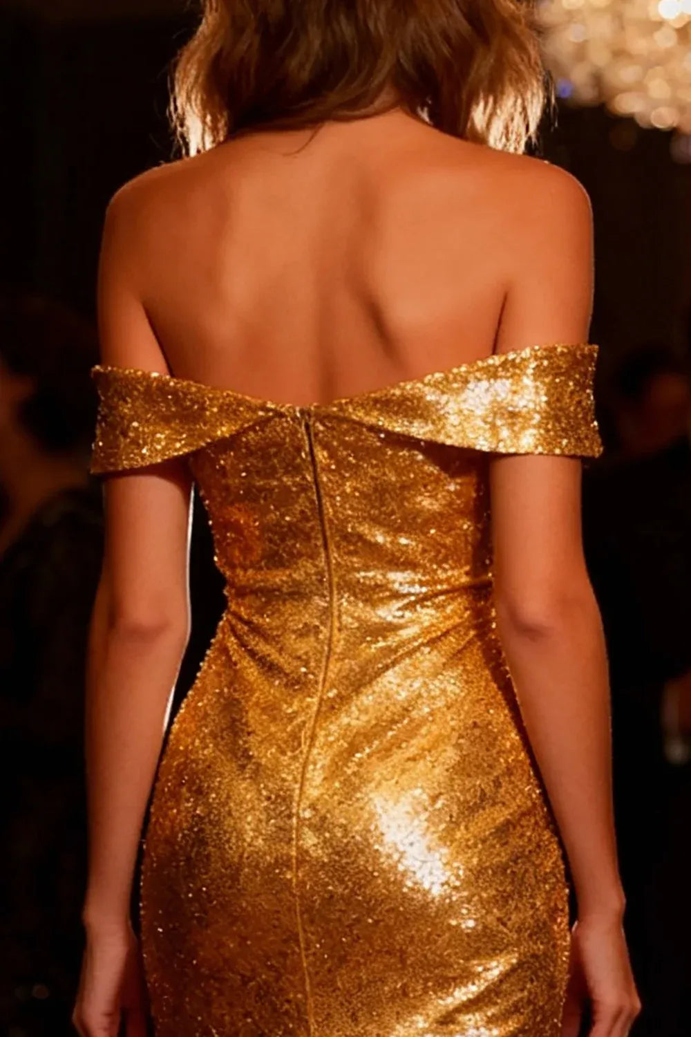 Sparkly Mermaid Off the Shoulder Sleeveless Sequins Ruffled Tea-Length Cocktail Dress