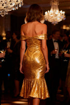 Sparkly Mermaid Off the Shoulder Sleeveless Sequins Ruffled Tea-Length Cocktail Dress