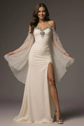 Sparkly Mermaid/Trumpet Off the Shoulder Flutter Sleeve Backless Sweep/Brush Train Prom Dress