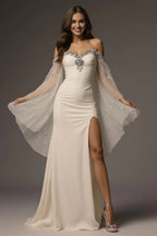 Sparkly Mermaid/Trumpet Off the Shoulder Flutter Sleeve Backless Sweep/Brush Train Prom Dress