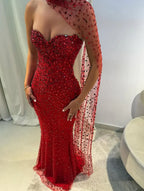 Sparkly Off the Shoulder Sleeveless Mermaid Crystal Sweep Train Prom Dress