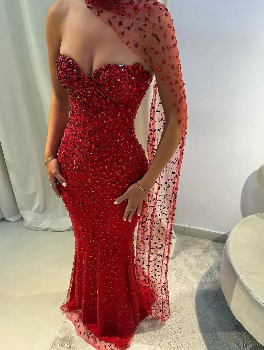 Sparkly Off the Shoulder Sleeveless Mermaid Crystal Sweep Train Prom Dress