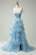 Graceful Off the Shoulder Sleeveless Princess Tiered Slit Long Prom Dress