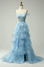 Graceful Off the Shoulder Sleeveless Princess Tiered Slit Long Prom Dress