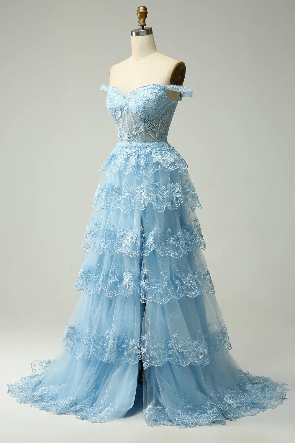 Graceful Off the Shoulder Sleeveless Princess Tiered Slit Long Prom Dress