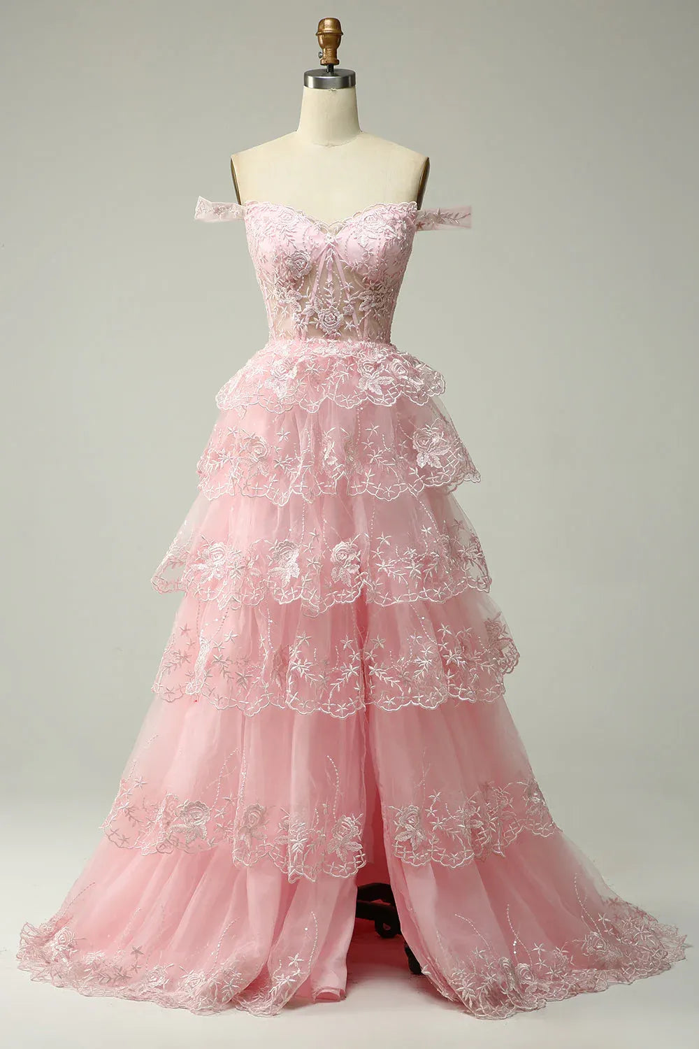 Graceful Off the Shoulder Sleeveless Princess Tiered Slit Long Prom Dress