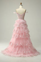 Graceful Off the Shoulder Sleeveless Princess Tiered Slit Long Prom Dress