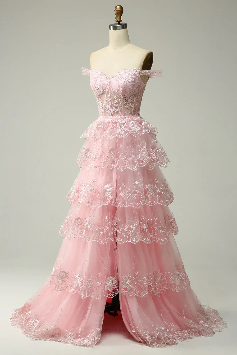 Graceful Off the Shoulder Sleeveless Princess Tiered Slit Long Prom Dress