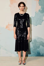 Sparkly Sheath/Column Round Neck 1/2 Sleeve Keyhole Tea-Length Prom Dress