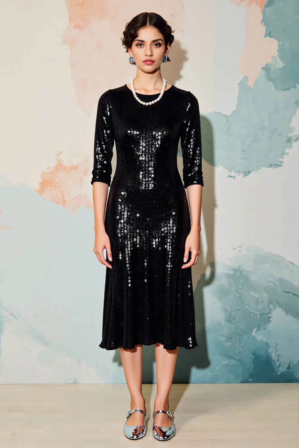 Sparkly Sheath/Column Round Neck 1/2 Sleeve Keyhole Tea-Length Prom Dress