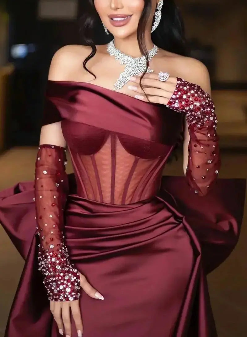 Sparkly Sheath Off-The-Shoulder Sleeveless Slit Floor-Length Prom Dress