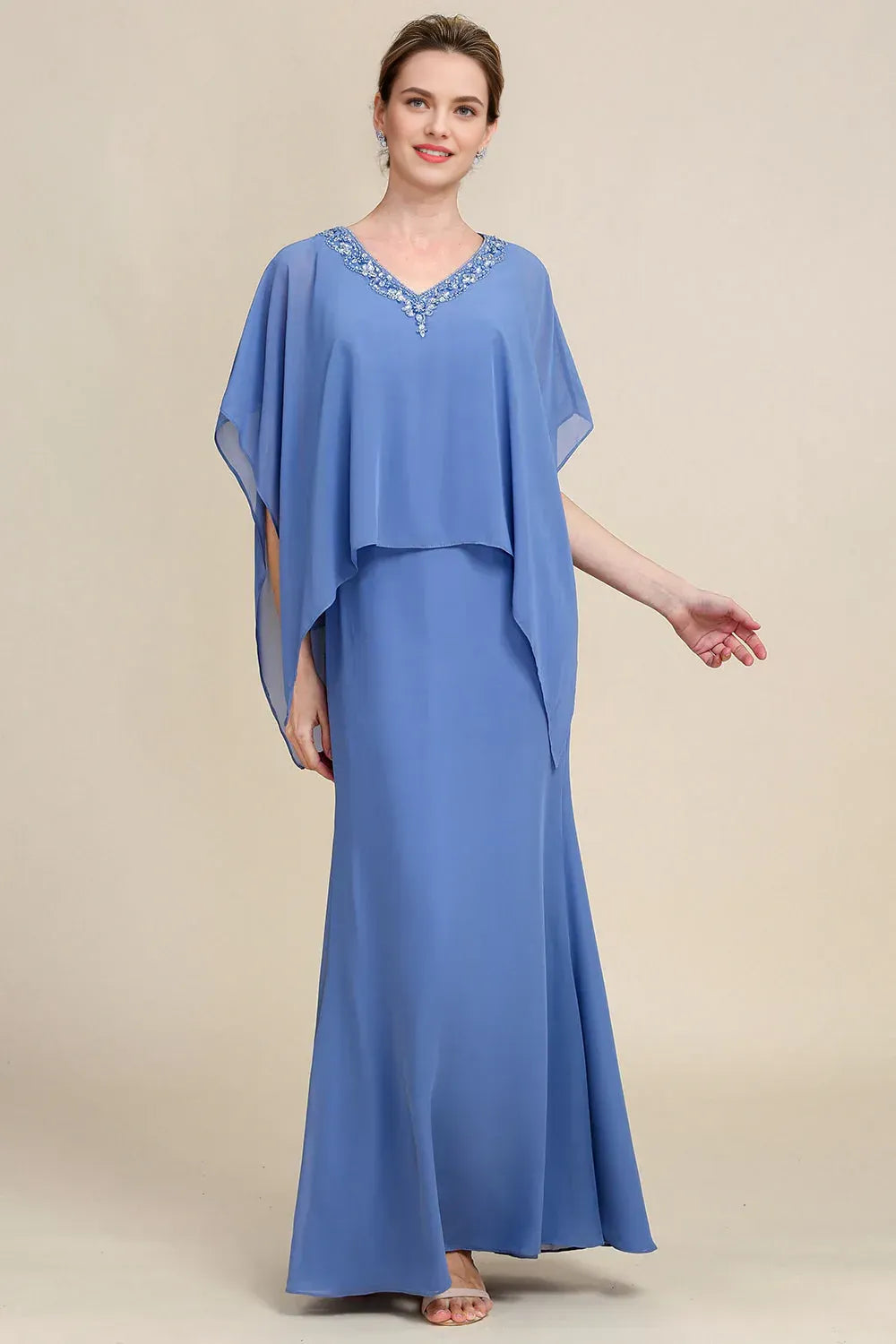 Sparkly Sheath V Neck Batwing Sleeves Solid Color Floor-Length Mother of Bride Dress