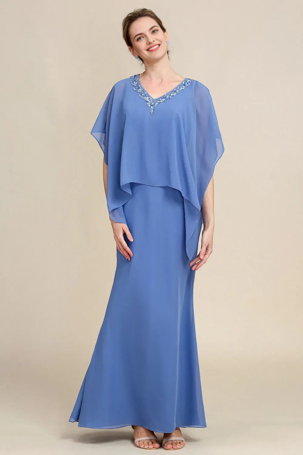 Sparkly Sheath V Neck Batwing Sleeves Solid Color Floor-Length Mother of Bride Dress