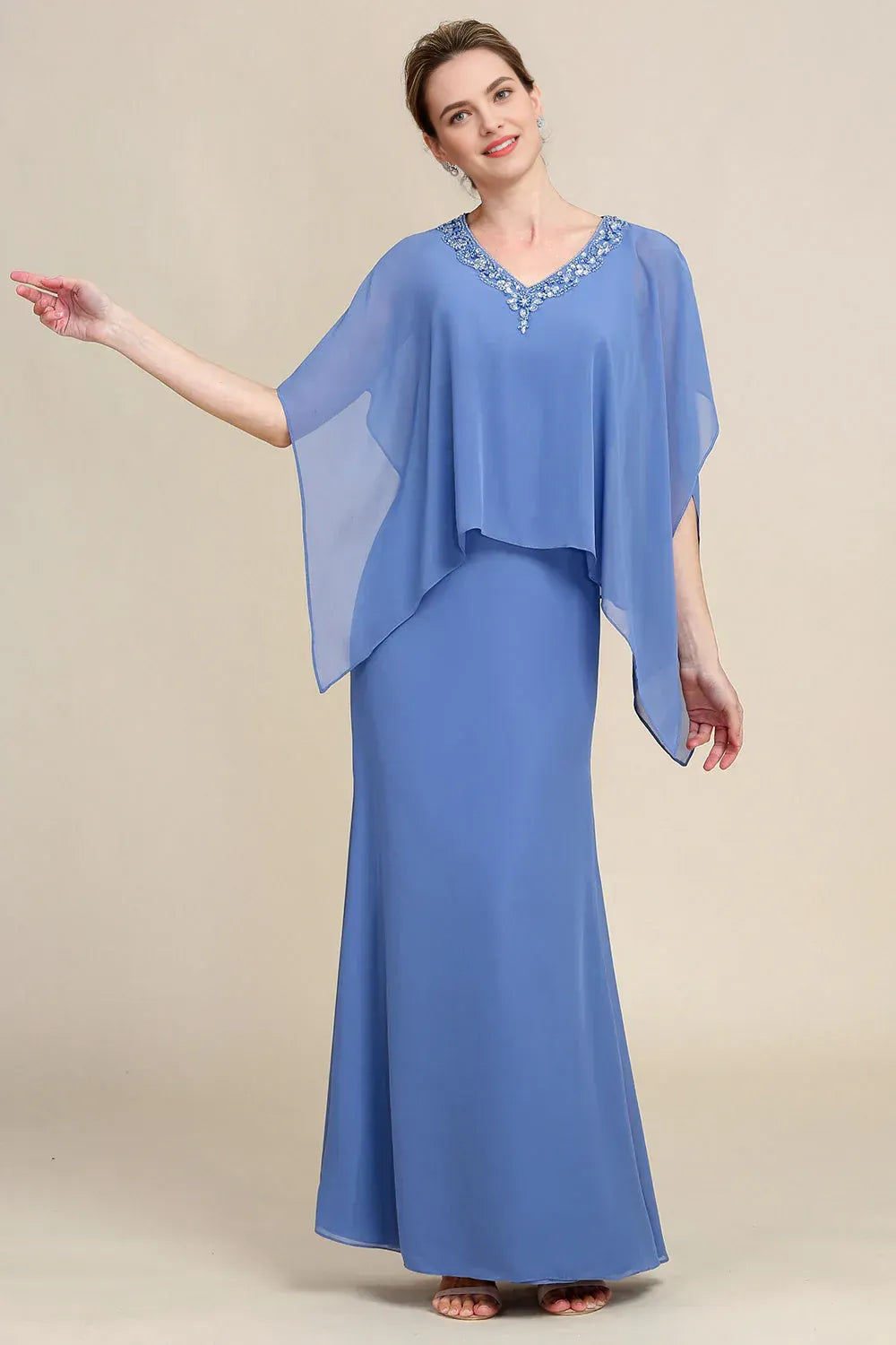 Sparkly Sheath V Neck Batwing Sleeves Solid Color Floor-Length Mother of Bride Dress