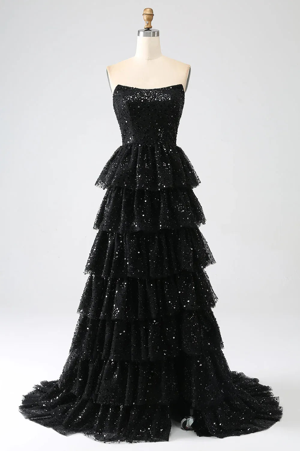 Sparkly Strapless Sleeveless A-Line Sequins Tiered Split Long Prom Dress
