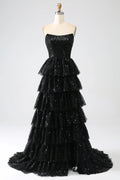 Sparkly Strapless Sleeveless A-Line Sequins Tiered Split Long Prom Dress