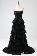 Sparkly Strapless Sleeveless A-Line Sequins Tiered Split Long Prom Dress