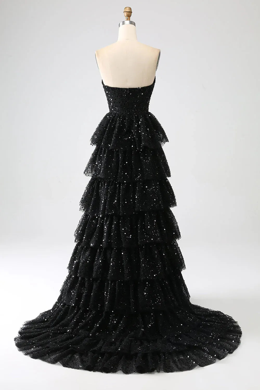 Sparkly Strapless Sleeveless A-Line Sequins Tiered Split Long Prom Dress