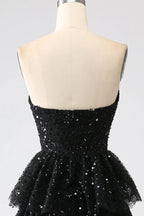 Sparkly Strapless Sleeveless A-Line Sequins Tiered Split Long Prom Dress