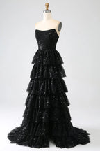 Sparkly Strapless Sleeveless A-Line Sequins Tiered Split Long Prom Dress