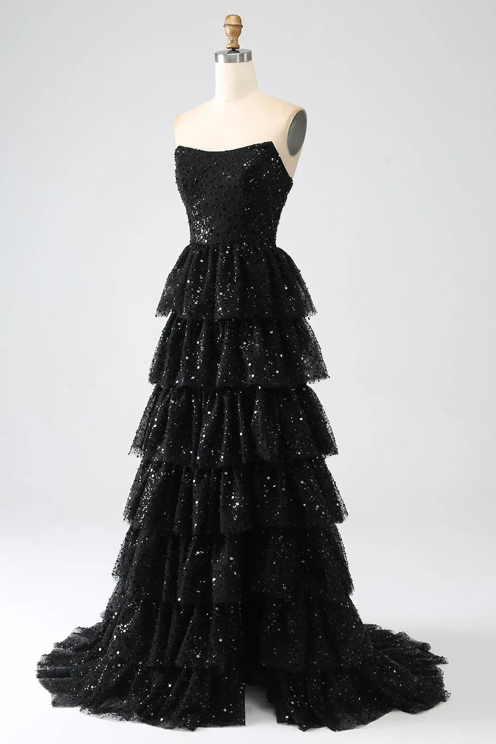 Sparkly Strapless Sleeveless A-Line Sequins Tiered Split Long Prom Dress
