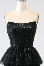 Sparkly Strapless Sleeveless A-Line Sequins Tiered Split Long Prom Dress