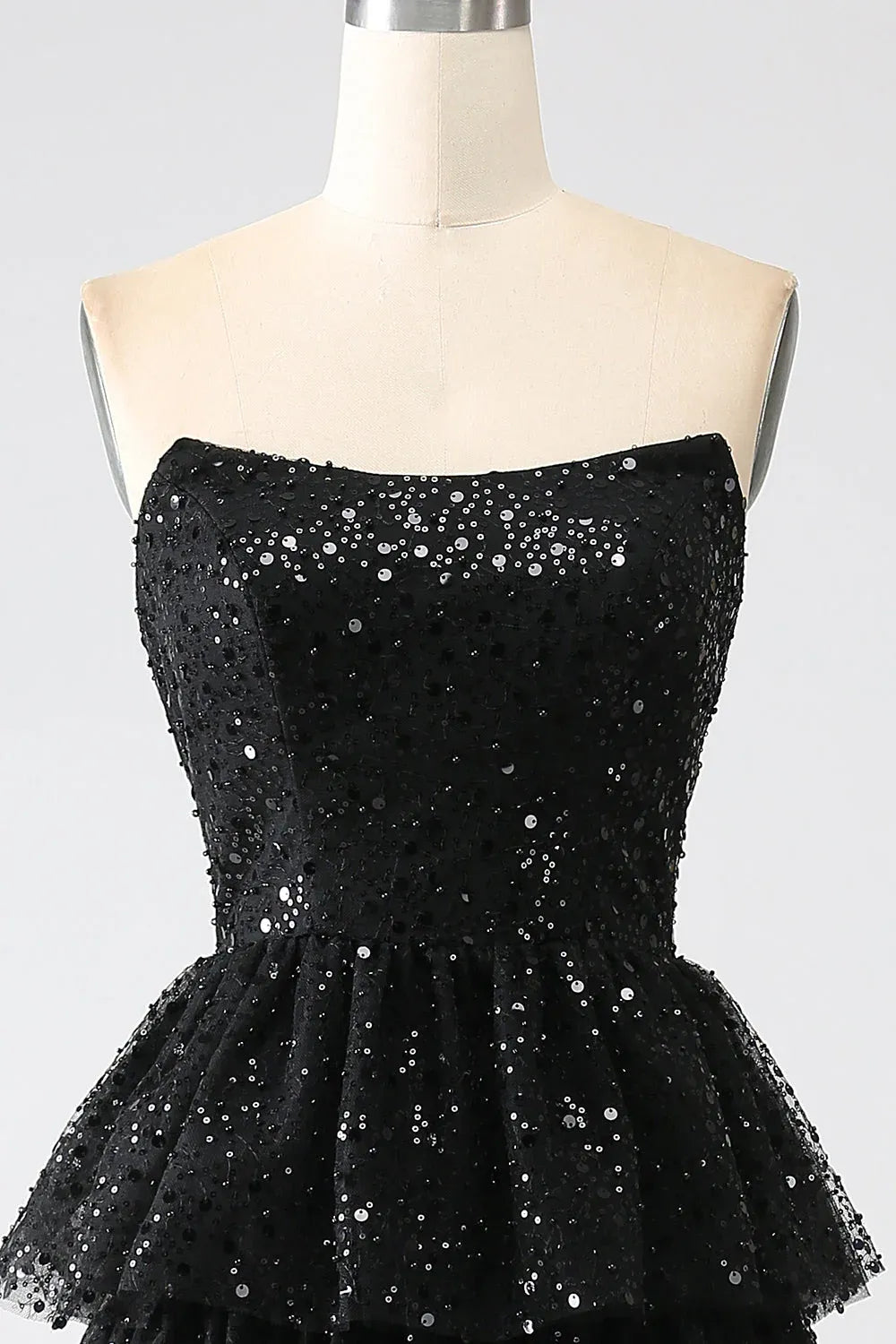 Sparkly Strapless Sleeveless A-Line Sequins Tiered Split Long Prom Dress