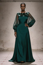 Sparkly A Line Boat Neck Puff Sleeve Sequins Sweep/Brush Train Prom Dress