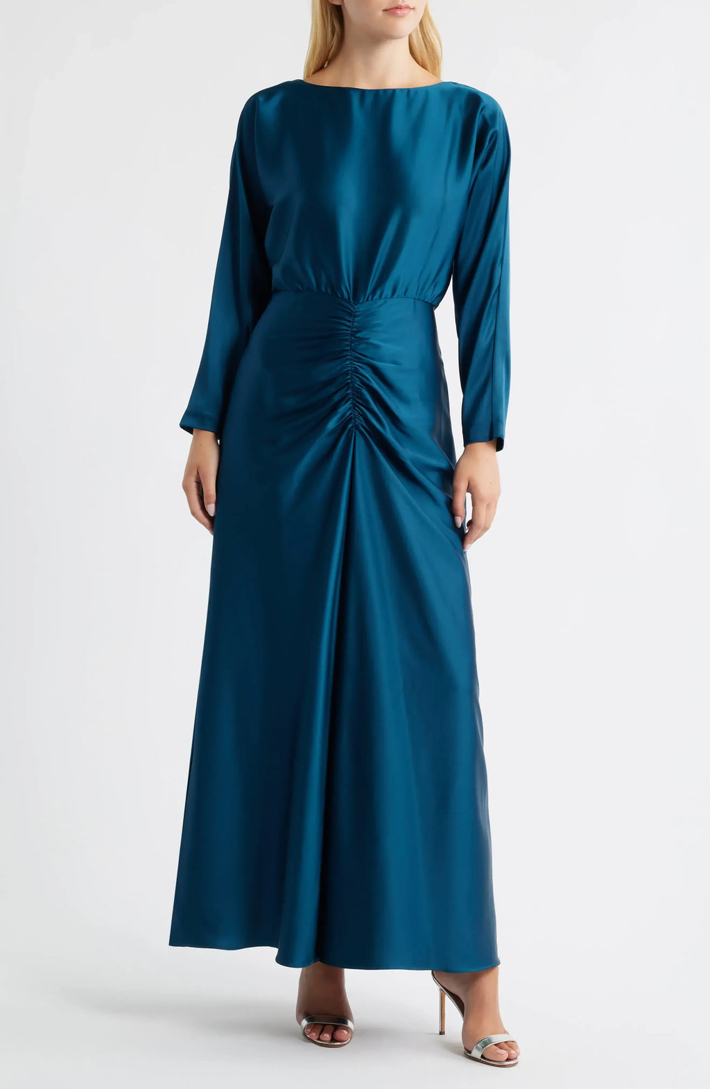 Splendid A Line Boat Neck Long Sleeve Ruched Back Floor Length Evening Dress