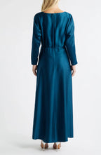 Splendid A Line Boat Neck Long Sleeve Ruched Back Floor Length Evening Dress