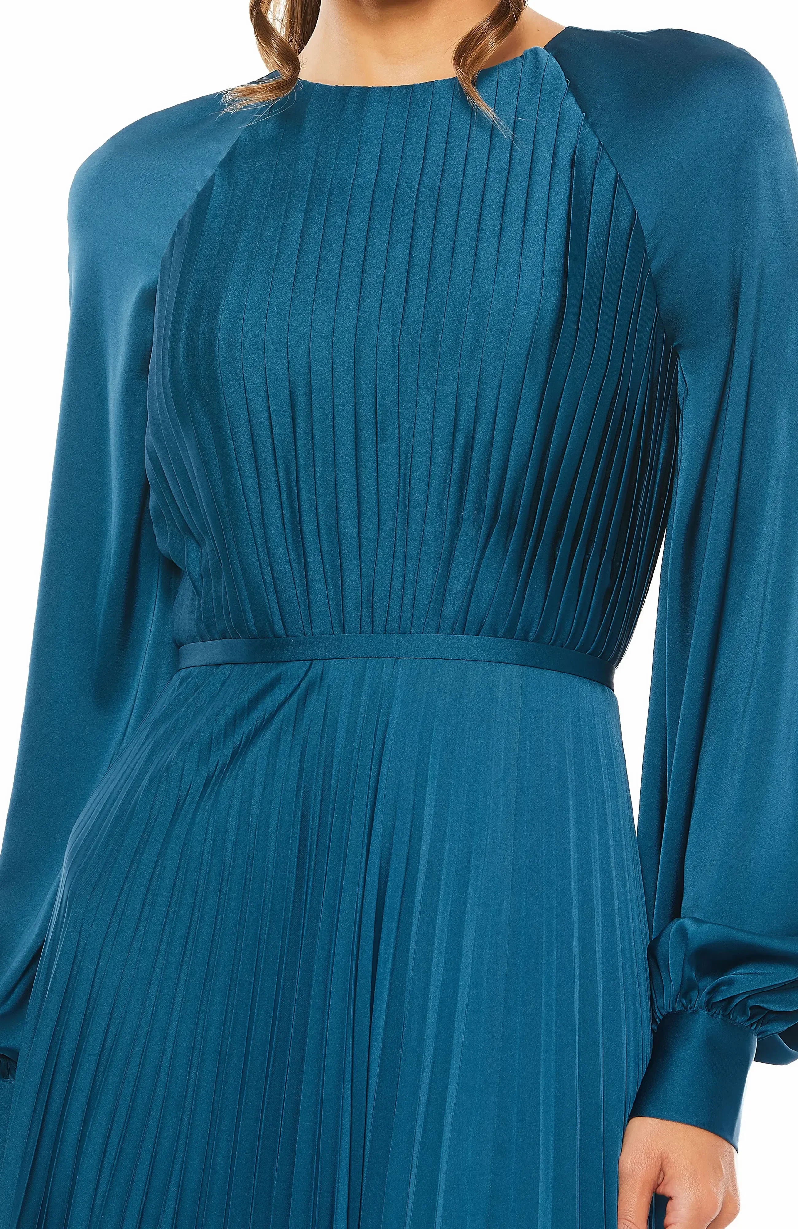 Splendid A Line Crew Neck Long Sleeve Pleated Back Floor Length Evening Dress