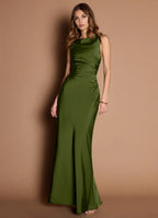 Square Neck Satin Mermaid Cross Strap Cut Out Back Floor Length Female Prom Dress