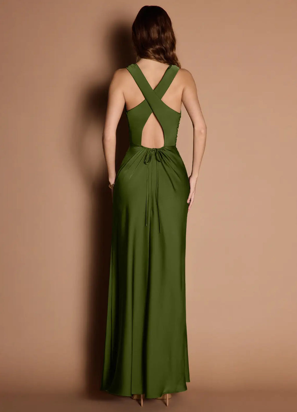 Square Neck Satin Mermaid Cross Strap Cut Out Back Floor Length Female Prom Dress