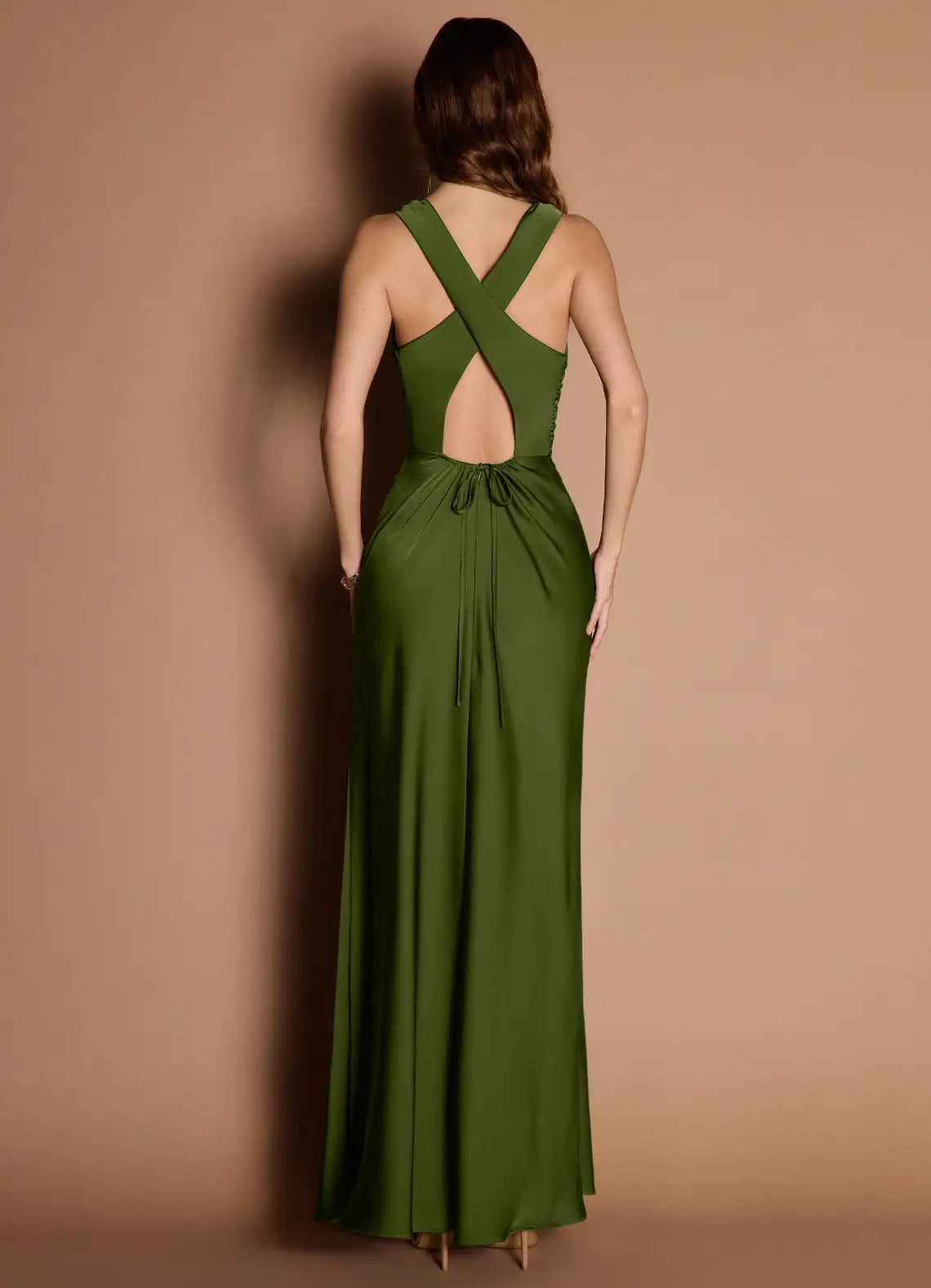 Square Neck Satin Mermaid Cross Strap Cut Out Back Floor Length Female Prom Dress