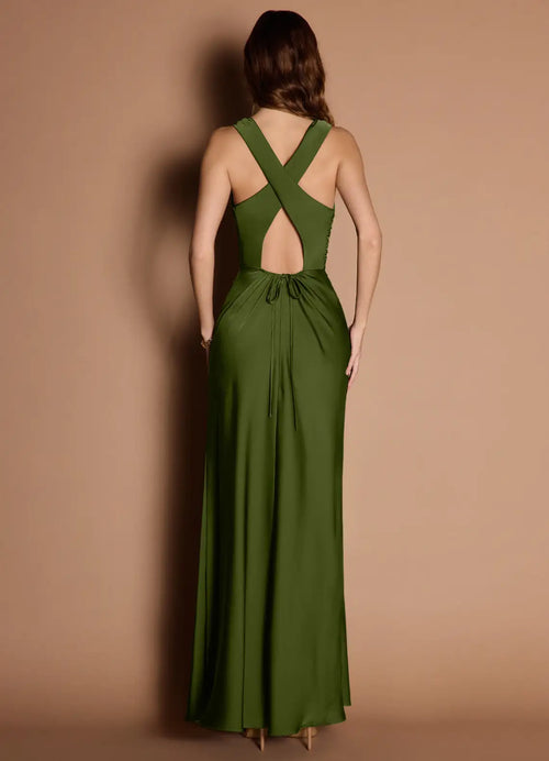 Robe de bal sirène en satin à col carré, bretelles croisées et dos nu, longueur ras du sol