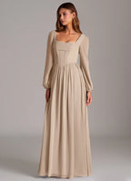 Square Neck Bridesmaid Dress with Long Sheer Sleeves, Corset Lace-Up Back and Flowy Skirt