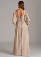 Square Neck Bridesmaid Dress with Long Sheer Sleeves, Corset Lace-Up Back and Flowy Skirt
