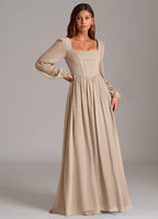 Square Neck Bridesmaid Dress with Long Sheer Sleeves, Corset Lace-Up Back and Flowy Skirt