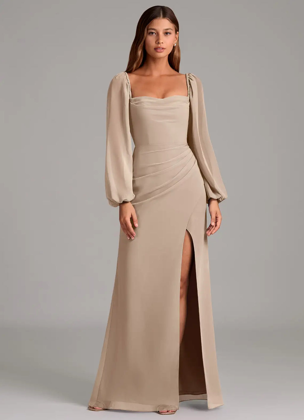 Square Neck Bridesmaid Dress with Sheer Puffed Sleeves, Back Cutout and High Slit