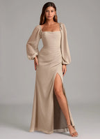 Square Neck Bridesmaid Dress with Sheer Puffed Sleeves, Back Cutout and High Slit