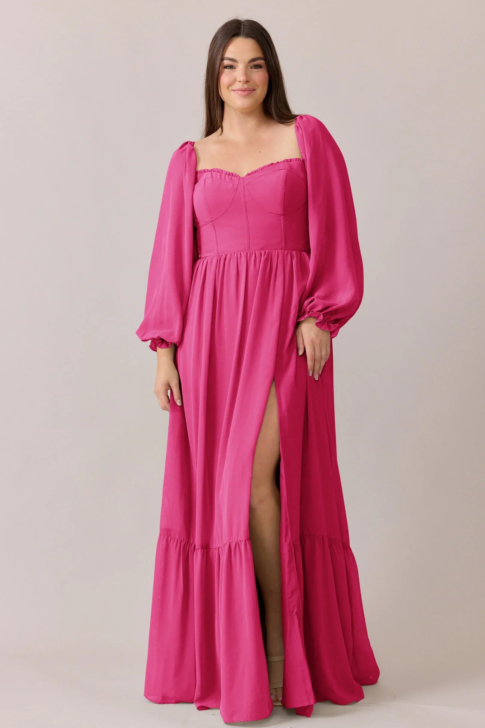 Square Neck Chiffon Bridesmaid Dresses with Puffed Long Sleeves, Tiered Ruffle Skirt and High Slit Formal Gown