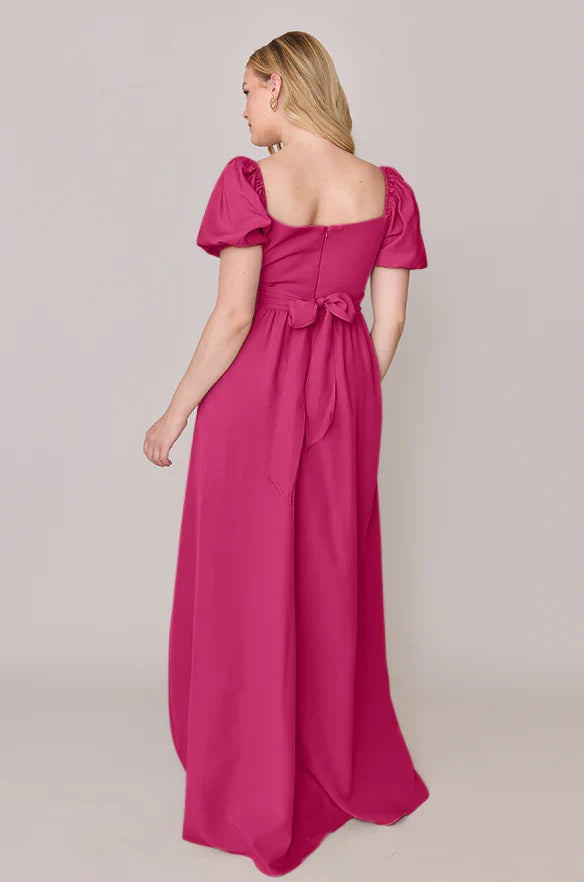 Square Neck Chiffon Bridesmaid Dresses with Puffed Short Sleeves, Back Bow Detail, Side Pockets and High Slit Formal Gown