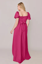 Square Neck Chiffon Bridesmaid Dresses with Puffed Short Sleeves, Back Bow Detail, Side Pockets and High Slit Formal Gown