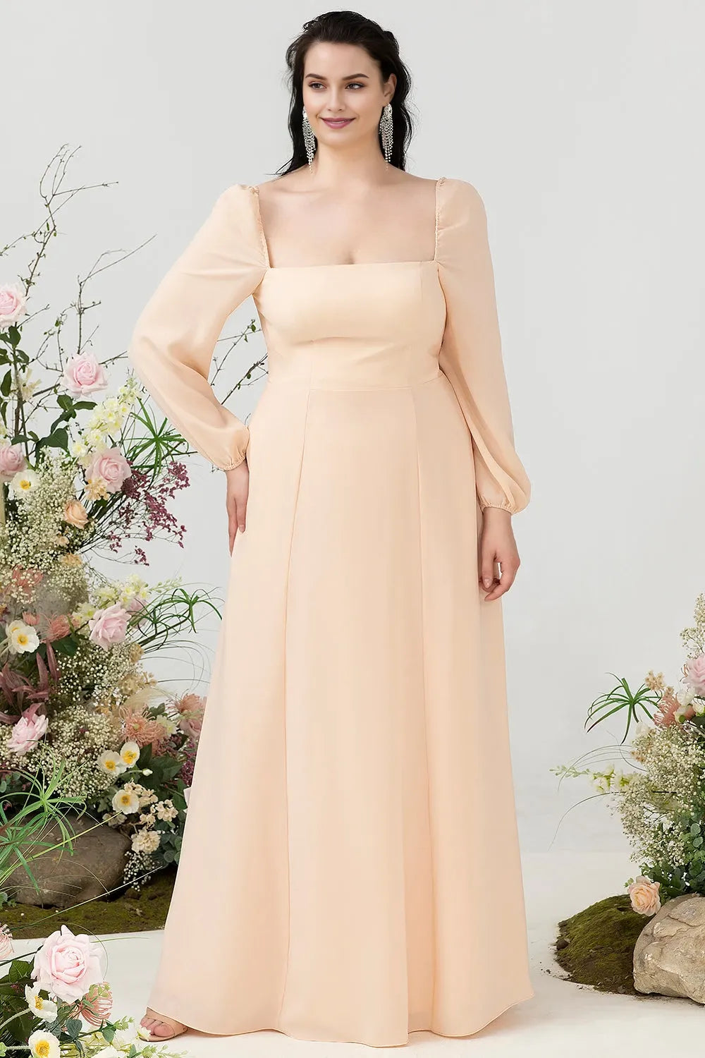 Square Neck Long Sleeves Column Formal Plus Size Floor length Party Dress Hot Sale For Ladies ﻿